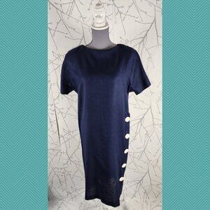 Chetta B VTG Navy Rayon Linen Blend Side Buttons Dress
